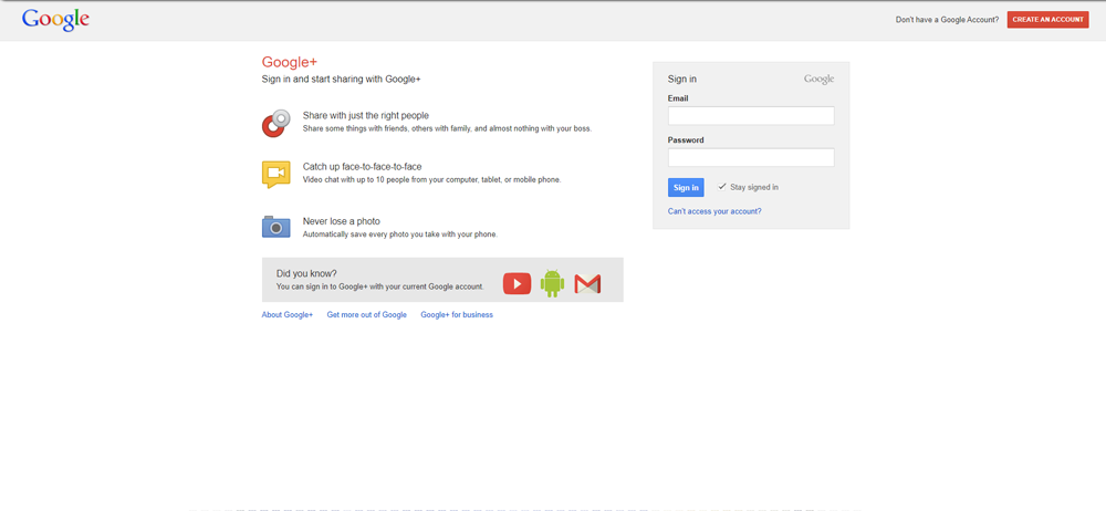 Google+: Startseite (2013) Quelle: Way Back Machine