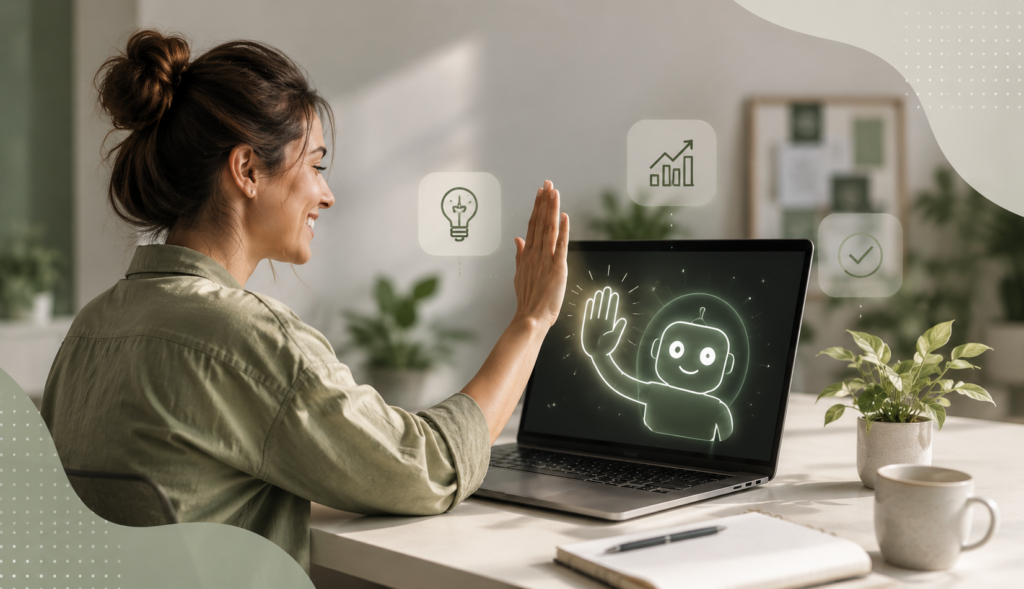 Frau high-fived ihren Laptop KI Assistenten